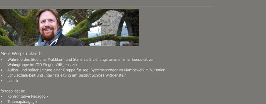 Mein Weg zu plan b •	Während des Studiums Praktikum und Stelle als Erziehungshelfer in einer koedukativen  Wohngruppe im CJD Siegen-Wittgenstein •	Aufbau und später Leitung einer Gruppe für sog. Systemsprenger im Martinswerk e. V. Dorlar •	Schulsozialarbeit und Internatsleitung am Institut Schloss Wittgenstein •	plan b  fortgebildet in: •	Konfrontative Pädagogik •	Traumapädagogik